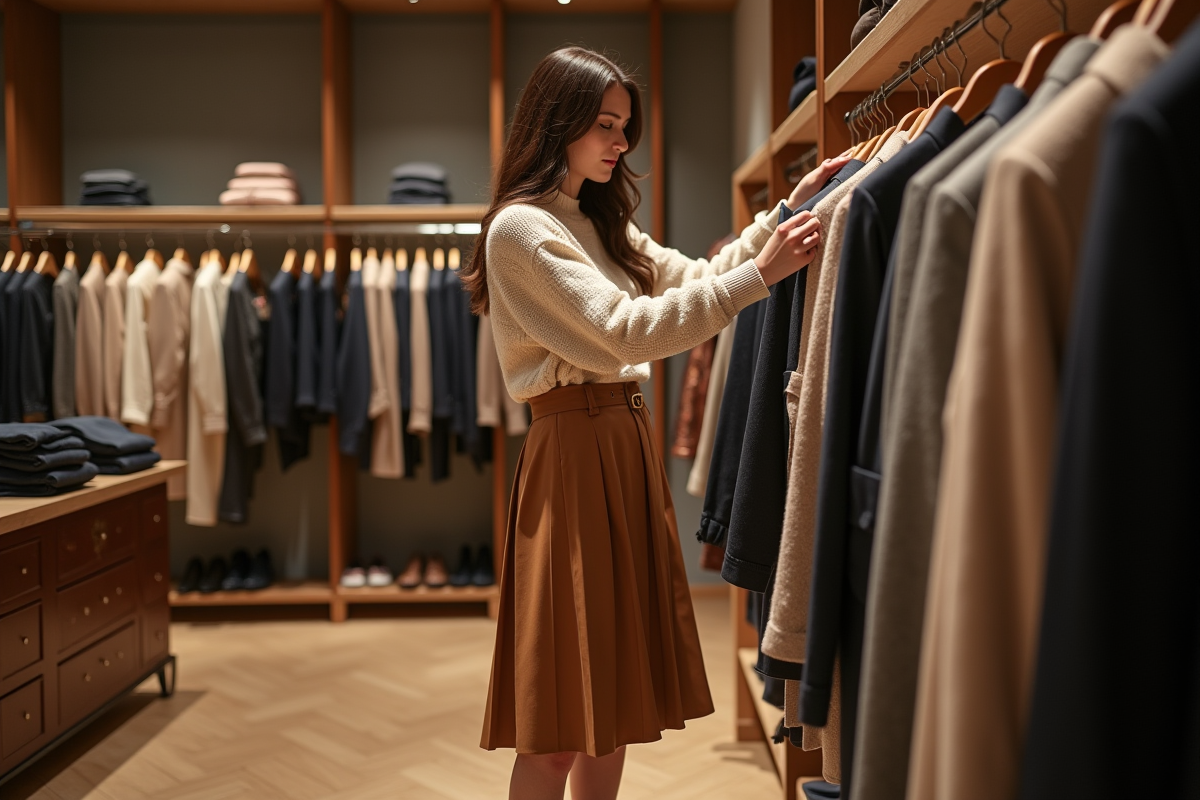Jeune femme examine un manteau dans une boutique chic
