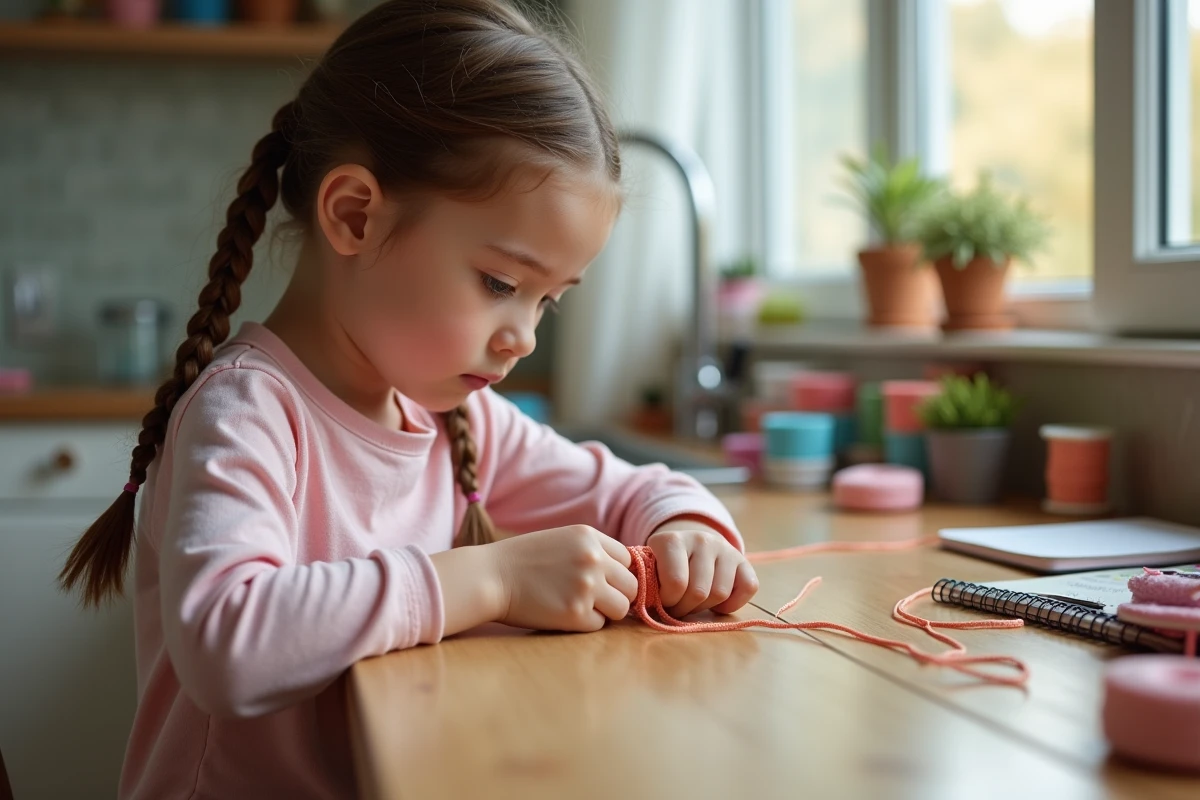 Jeune fille tissant un bracelet paracord à la maison