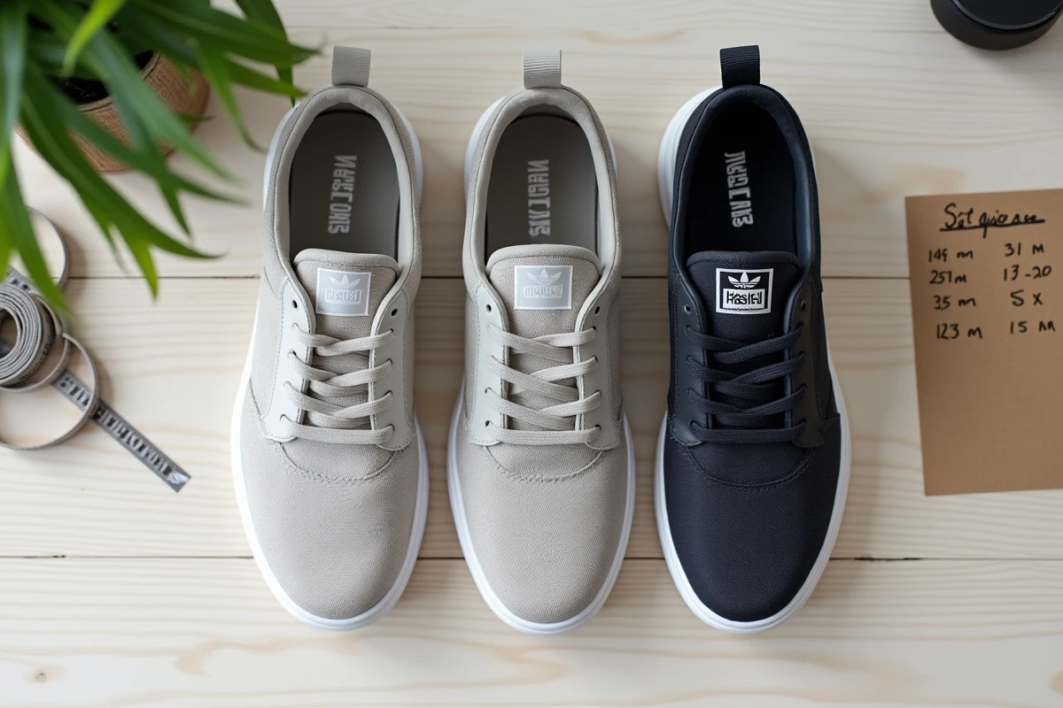 Flat lay de trois paires de sneakers avec étiquettes de tailles UK visibles, accompagnées d'un mètre ruban et de notes de conversion pour illustrer les différences entre marques
