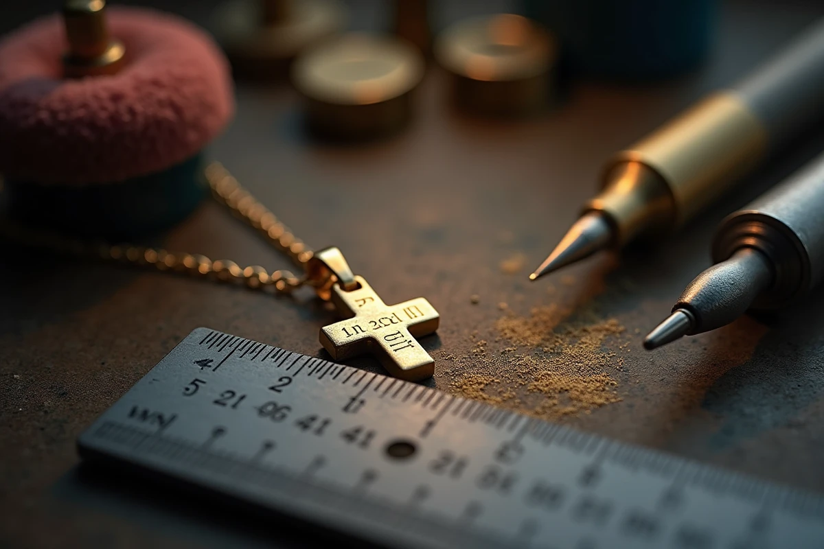 Croix en or avec initiales gravées posée à côté d'une machine à graver et d'une règle dans un atelier bijoutier