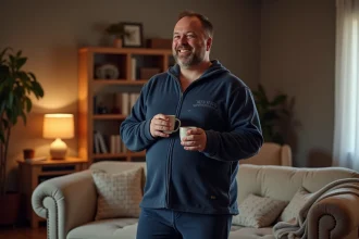 Homme grande taille portant une grenouillère pyjama bleu marine dans un salon cosy avec une tasse de café