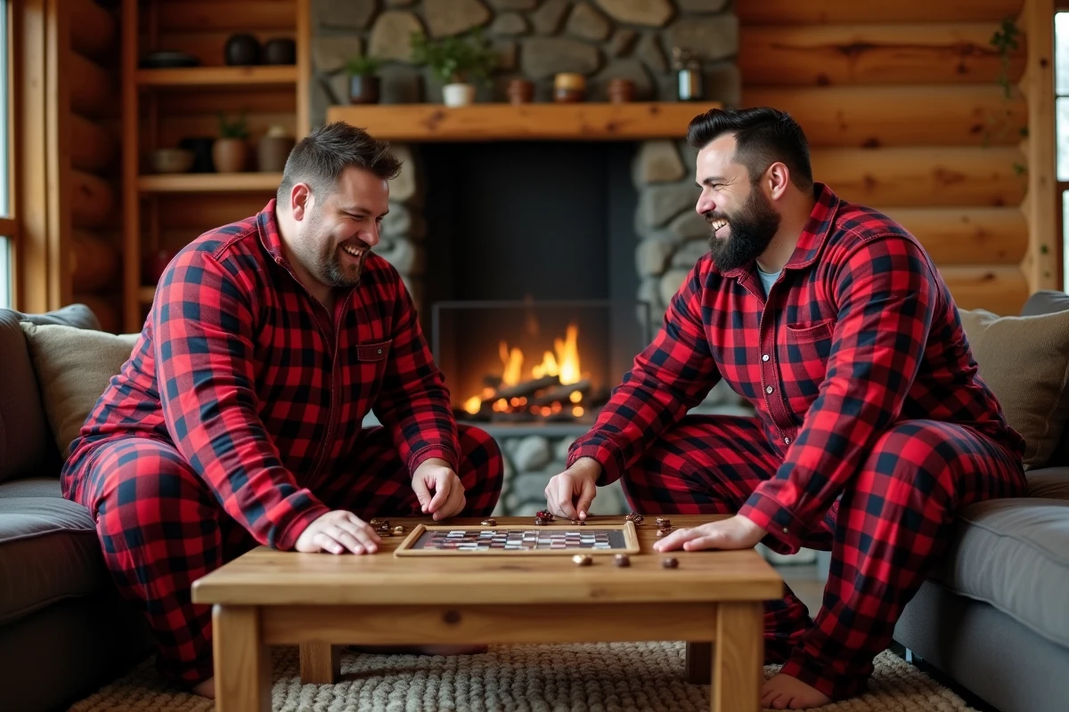 Deux hommes grande taille en grenouillères pyjama à carreaux rouges jouant à un jeu de société dans un chalet rustique