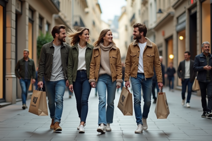 Groupe de Fran&ccedil;ais adultes marchant dans une rue commer&ccedil;ante