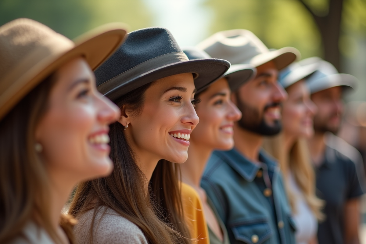 Groupe diversifié portant des chapeaux en extérieur ensoleillé