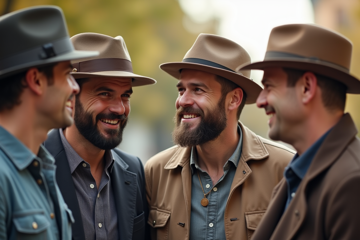 Groupe d'hommes avec différents chapeaux en extérieur