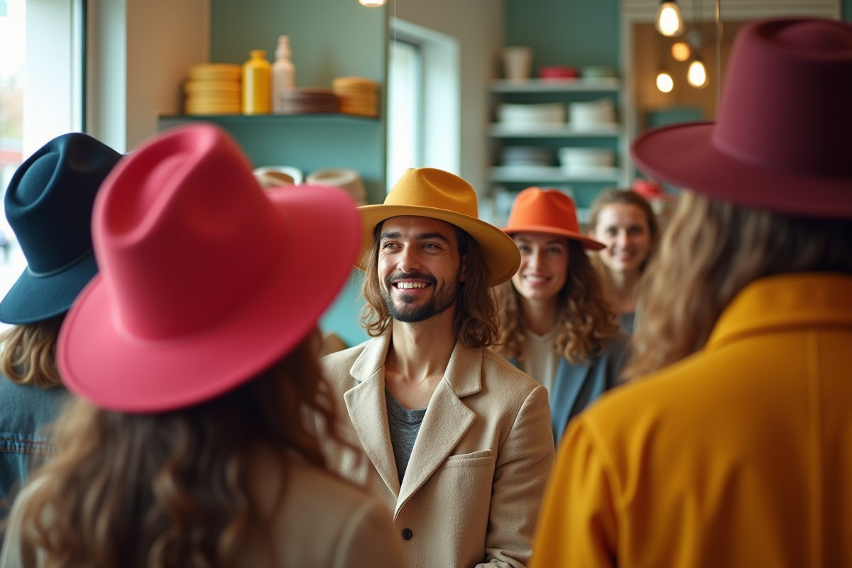 Groupe de personnes essayant des chapeaux colorés dans une boutique ensoleillée
