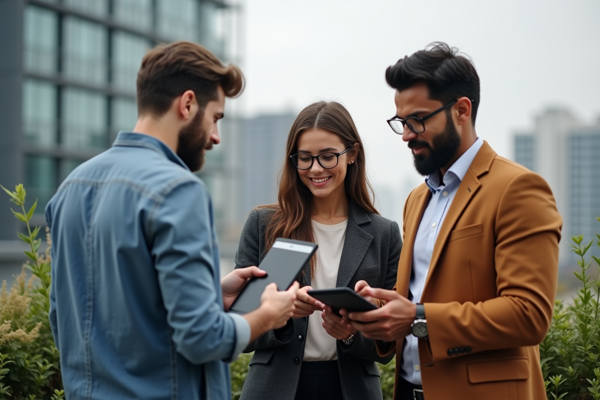 Trois personnes discutant sur une terrasse urbaine avec tablettes