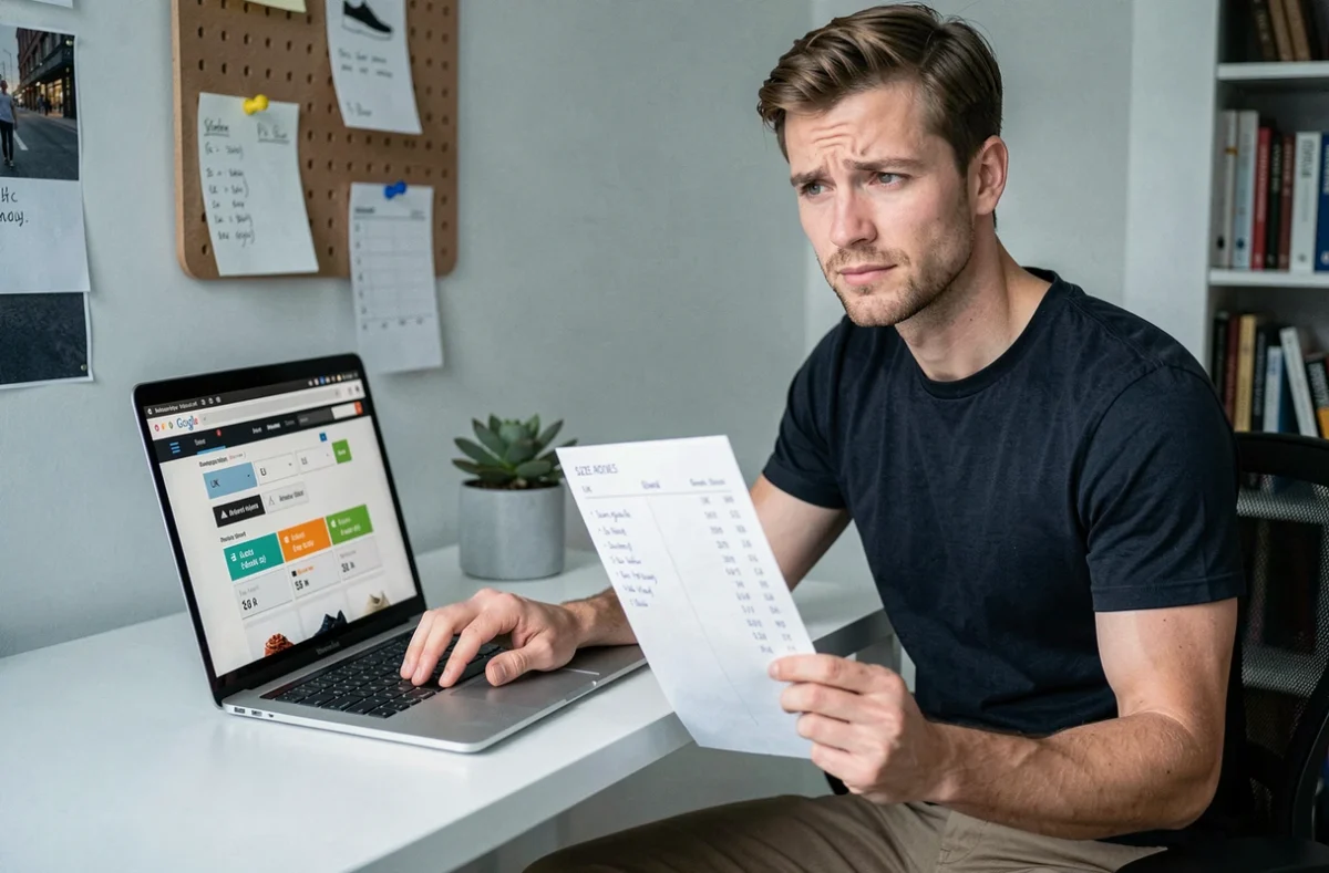Homme consultant un guide de conversion de tailles de chaussures UK sur un site e-commerce en ligne