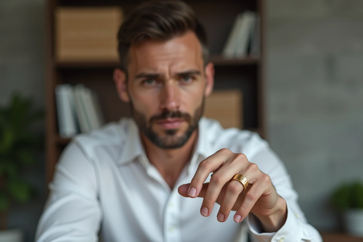 Homme portant une bague chevalière en or brossé avec initiales gravées, examinant sa bague dans un bureau moderne