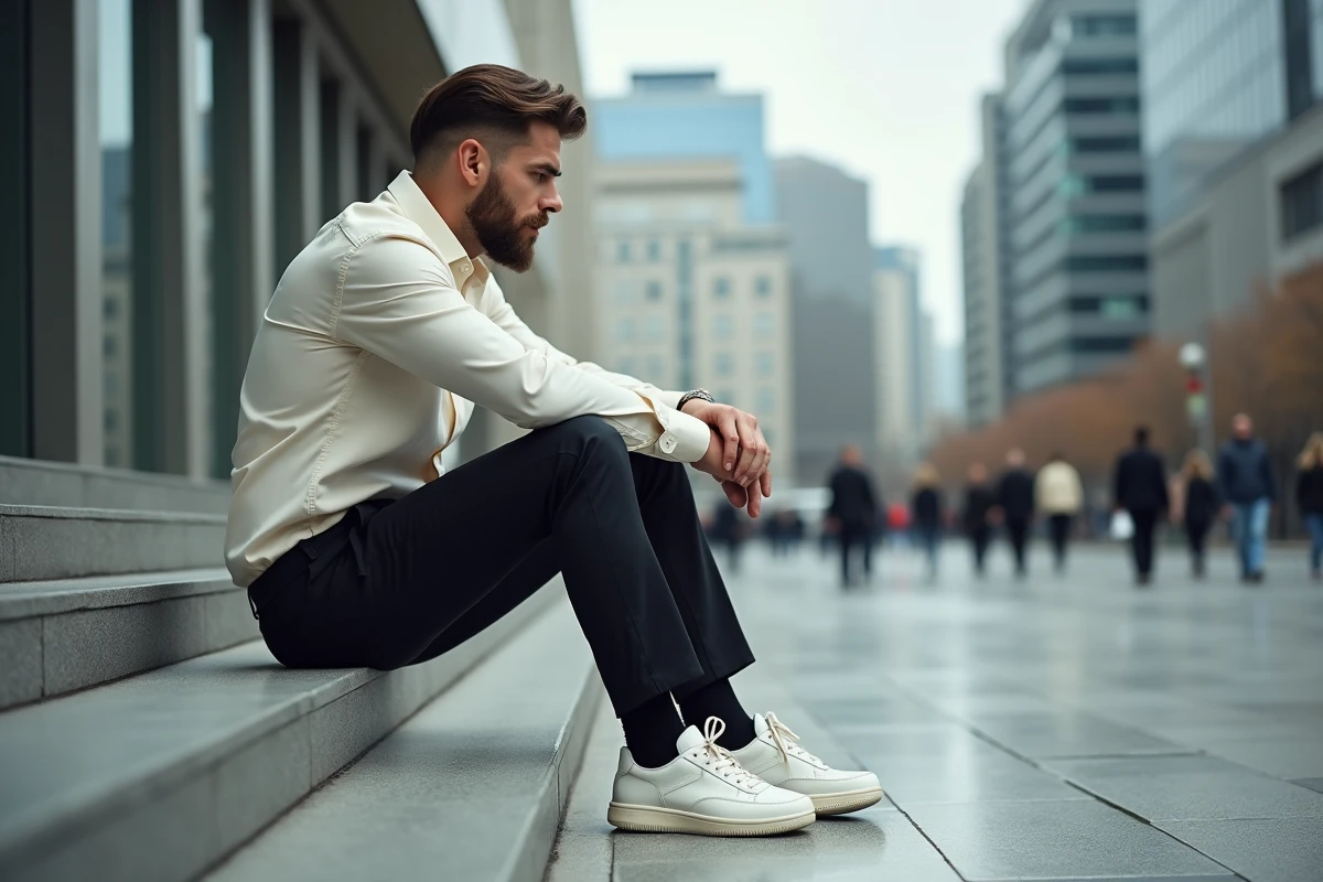 Homme élégant assis sur des marches urbaines en granit contemplant ses baskets de luxe en édition limitée aux détails de construction remarquables