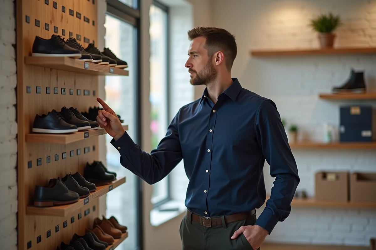 Homme pointant des étiquettes de tailles UK différentes sur un présentoir de chaussures dans une boutique moderne, soulignant les écarts de pointures entre marques