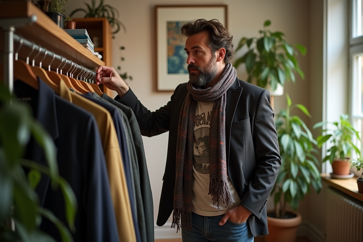 Homme créatif dans un studio lumineux en train de choisir une veste