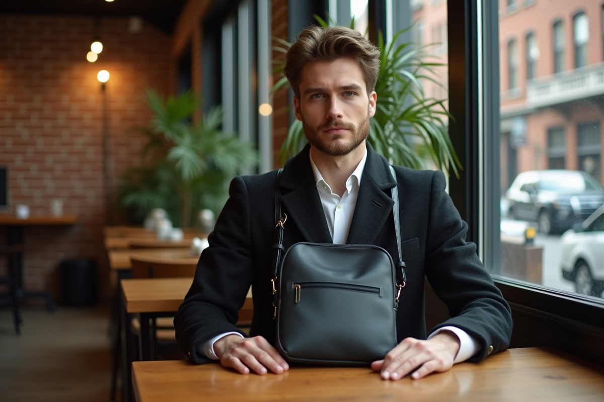 Jeune homme avec sac minimaliste dans un café intérieur
