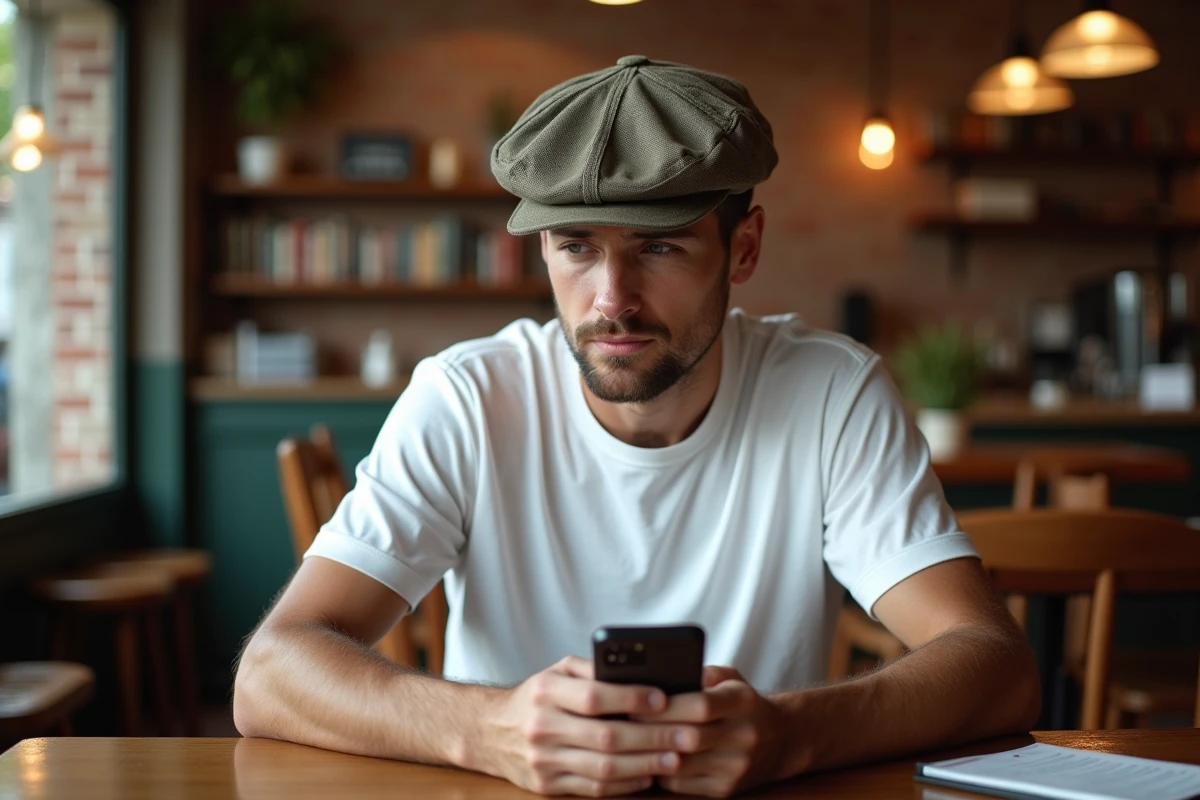Homme d age moyen portant casquette vintage dans un caf&eacute;