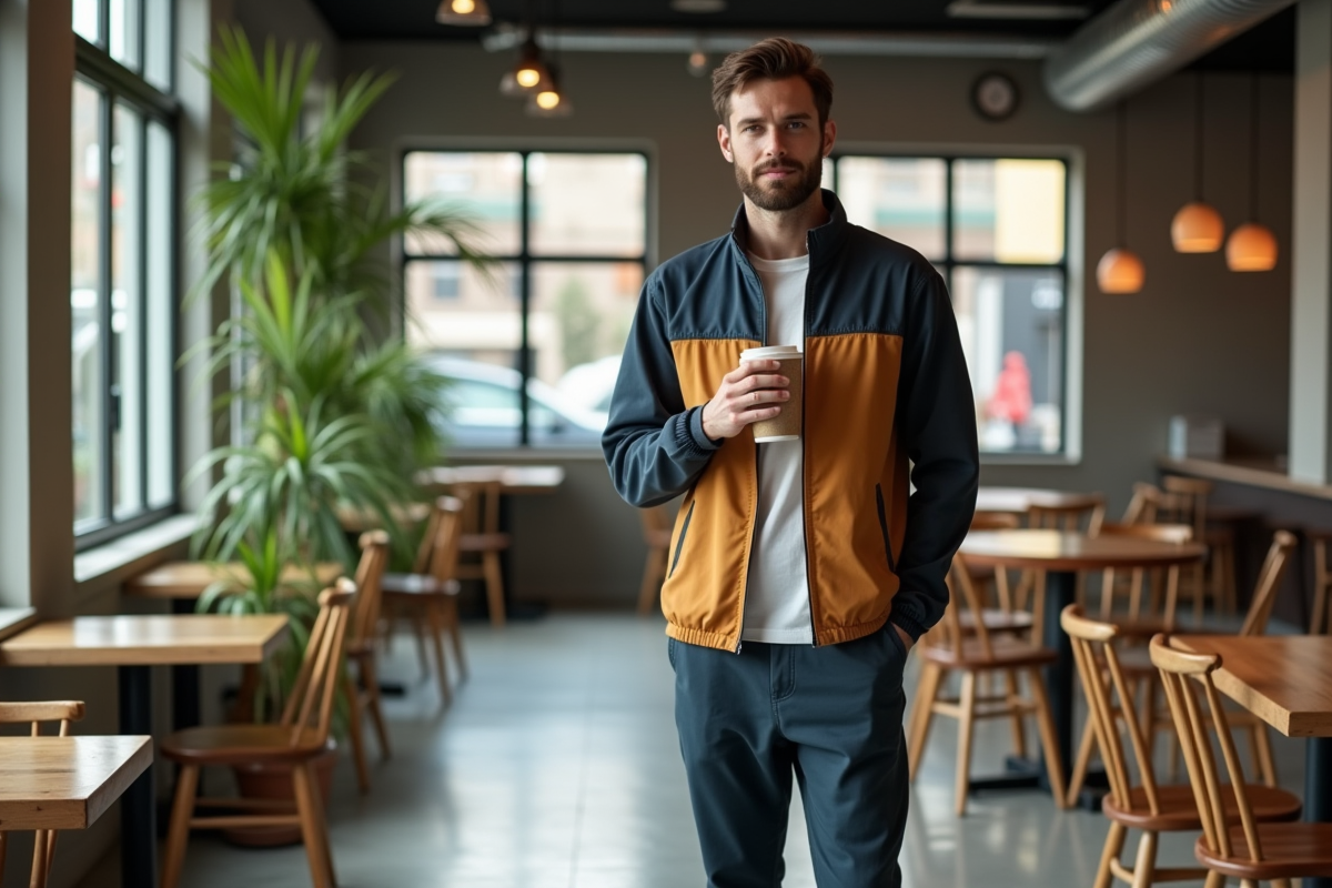 Homme moderne avec veste colorblock dans un café lumineux