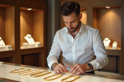 Homme examine des cha&icirc;nes en or dans une bijouterie &eacute;l&eacute;gante