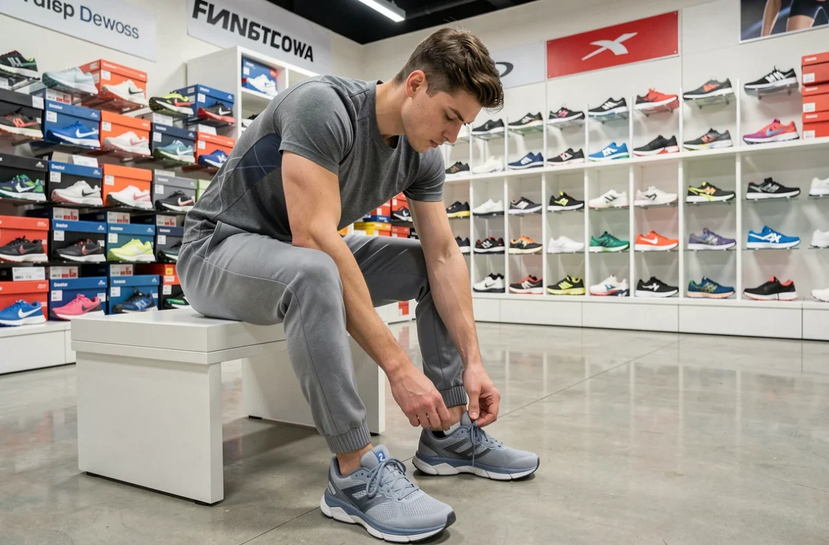 Jeune homme essayant des chaussures de sport dans un magasin outlet spécialisé en articles de running