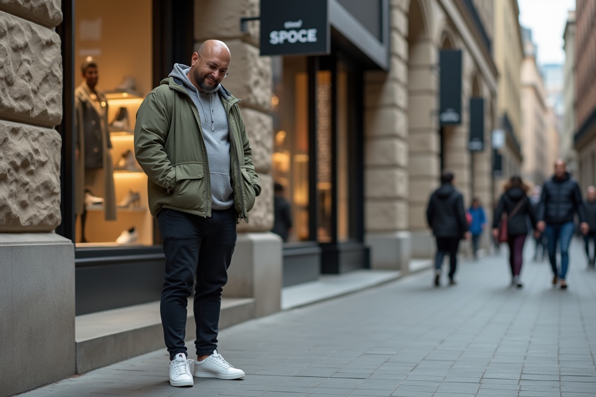 Homme ajustant ses baskets en ville devant une boutique