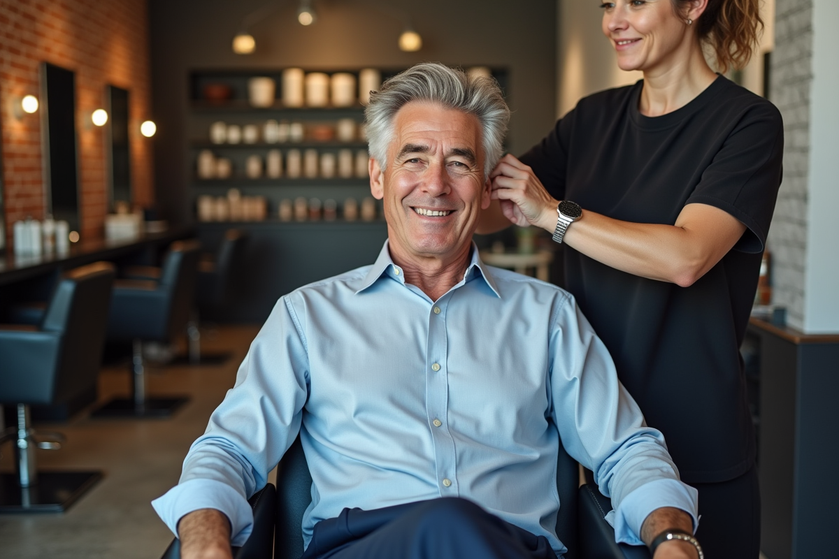 Homme avec cheveux silver fraîchement colorés dans un salon moderne