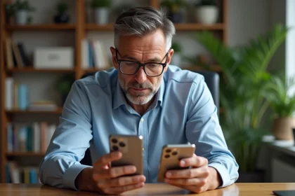 Homme d'&acirc;ge moyen compare deux smartphones 4x et 4XL