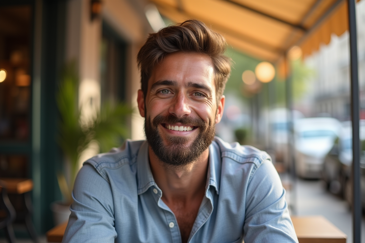 Homme confiant avec barbe souriant en terrasse de café