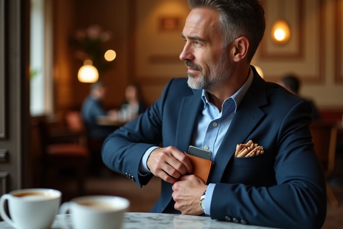 Homme en costume marine extrayant un porte-cartes en cuir cognac de sa poche intérieure dans un café haut de gamme, style éditorial lifestyle luxe