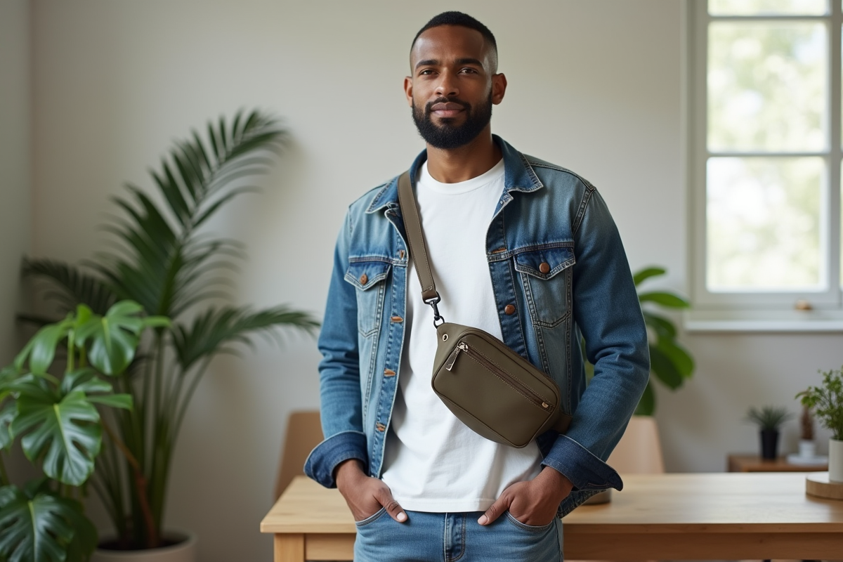 Homme posant avec sac banane en intérieur moderne