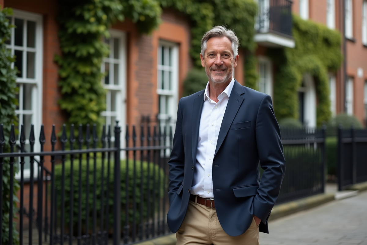 Homme d'âge moyen en blazer navy devant une maison élégante