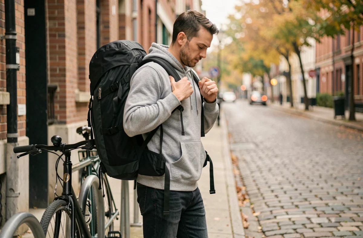 Homme ajustant les bretelles d'un grand sac à dos noir technique devant un rack à vélos en ville