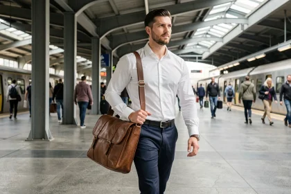 Homme en chemise blanche portant une grande sacoche en cuir marron dans une gare moderne lors de ses trajets quotidiens