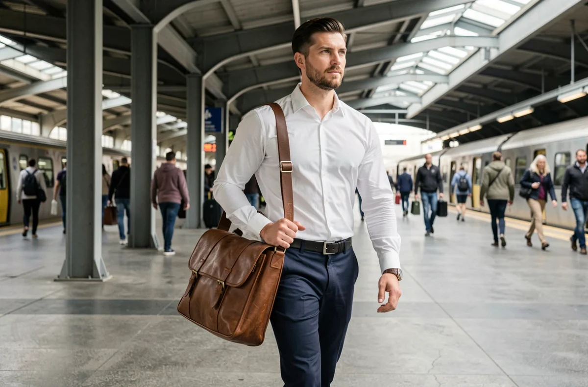 Homme en chemise blanche portant une grande sacoche en cuir marron dans une gare moderne lors de ses trajets quotidiens