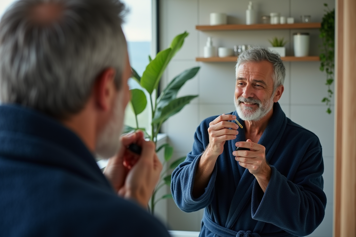 Homme appliquant une huile visage dans une salle de bain moderne