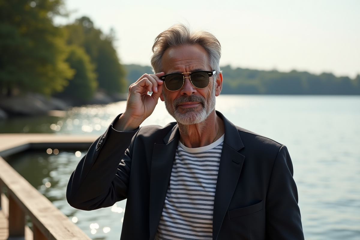 Homme détendu en blazer près du lac avec lunettes de soleil