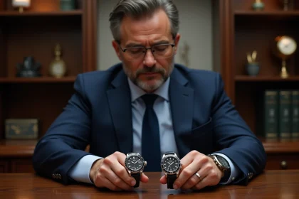 Homme d'&acirc;ge moyen examine deux montres de luxe dans un bureau
