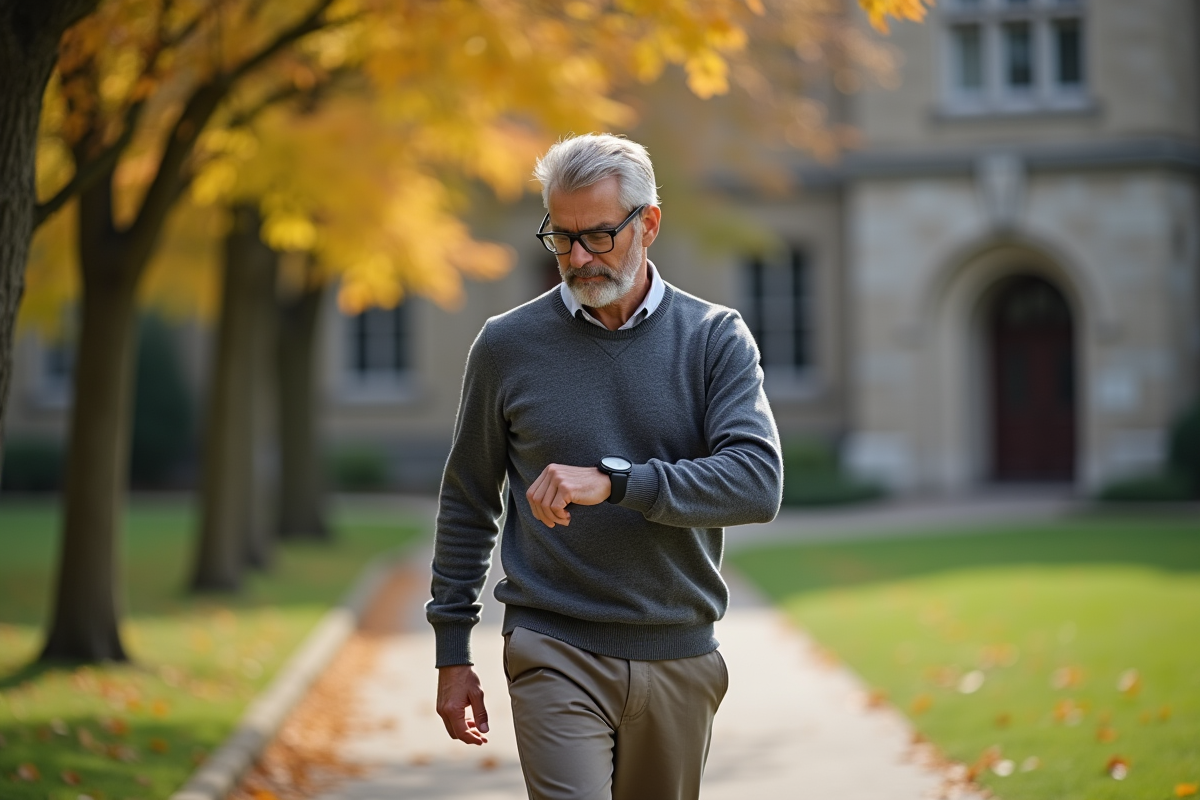 Homme avec montre en marchant dans un campus universitaire