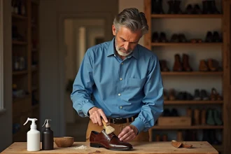 Homme en bleu nettoyant une chaussure en cuir marron