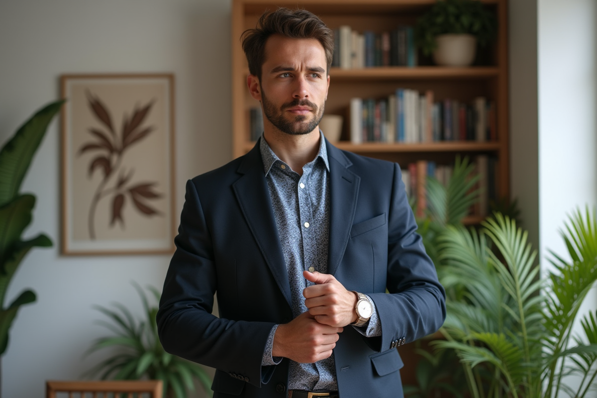 Homme confiant ajustant sa montre dans un intérieur moderne