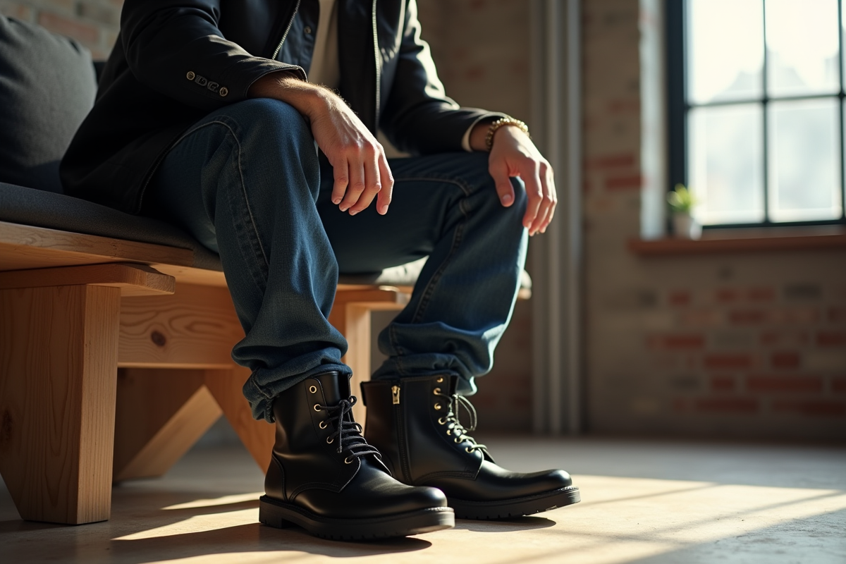 Homme en jeans décontractés et bottes en intérieur moderne