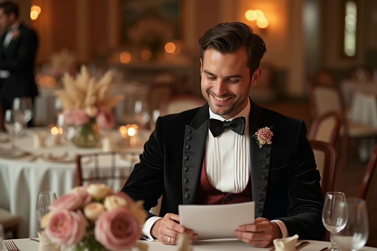 Homme assis en smoking noir années 80 avec cummerbund bordeaux à une table de réception de mariage thématique rétro