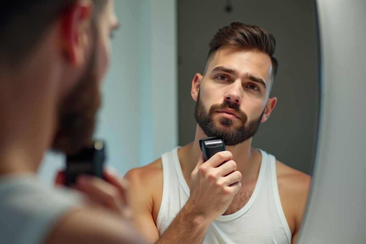 Homme se groomant la barbe avec une tondeuse électrique dans sa salle de bain