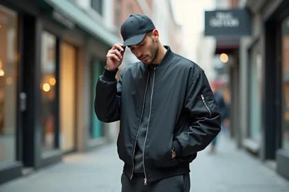 Jeune homme ajustant son casquette décalée en ville