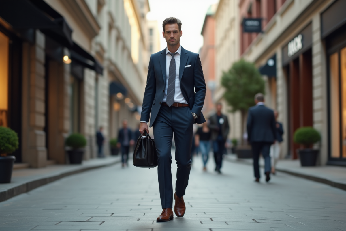 Homme en costume chic marche dans une rue urbaine