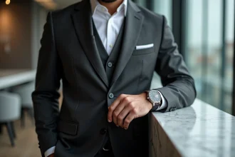 Homme en costume vérifiant sa montre GMT élégante