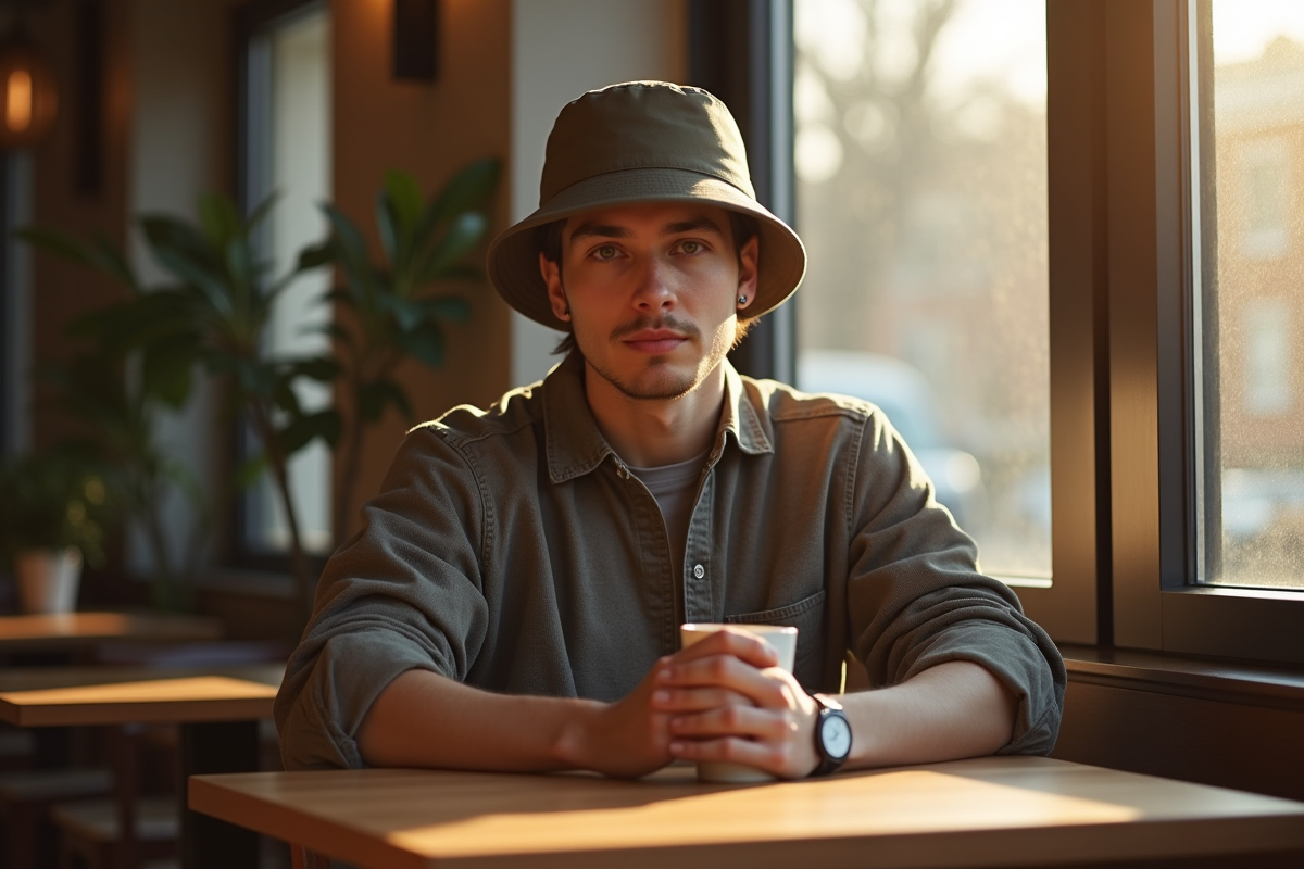 Jeune homme en chapeau dans un cafe le matin