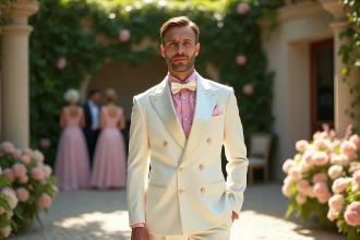 Homme en tuxedo blanc années 80 avec chemise à jabot rose lors d'un mariage à thème rétro dans un jardin fleuri