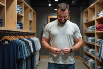 Homme d'âge moyen vérifiant une étiquette de vêtement en magasin