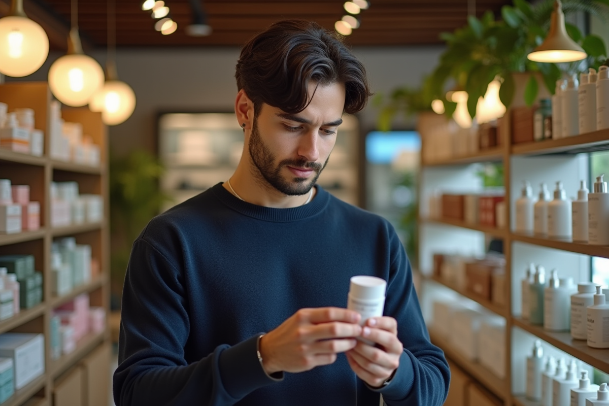 Jeune homme examinant l etiquette d un produit de soin