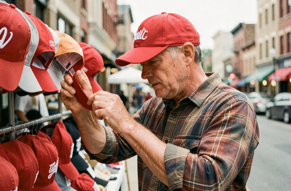 Homme d'une quarantaine d'années inspectant l'étiquette intérieure d'une casquette America Great Again rouge dans un marché en plein air