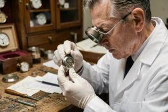 Horloger indépendant examinant une montre de luxe tourbillon en atelier avec une loupe de précision