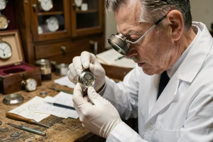 Horloger indépendant examinant une montre de luxe tourbillon en atelier avec une loupe de précision
